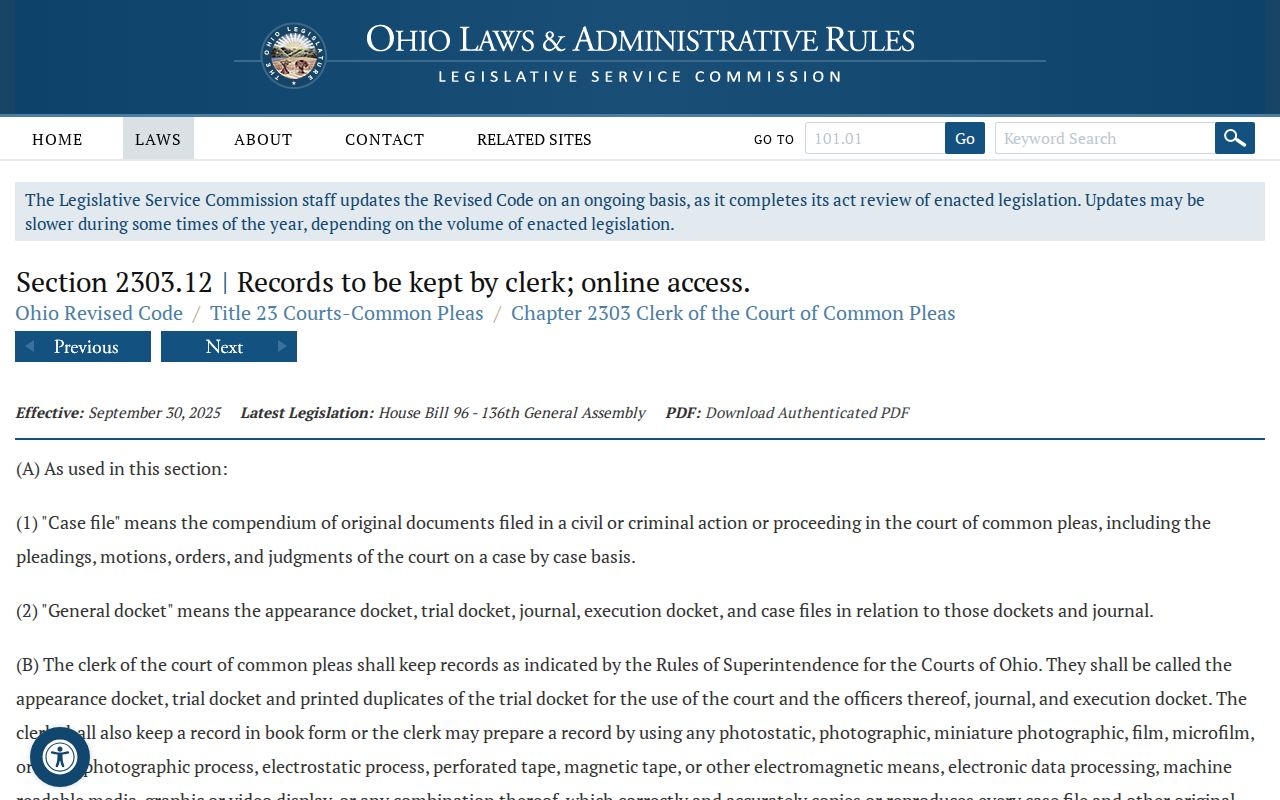 Coshocton County civil docket Common Pleas records statute