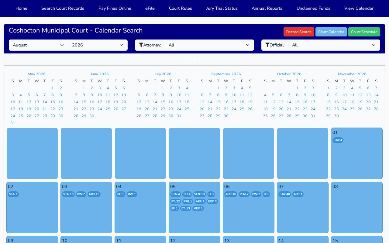 Coshocton court docket Municipal Court calendar filters