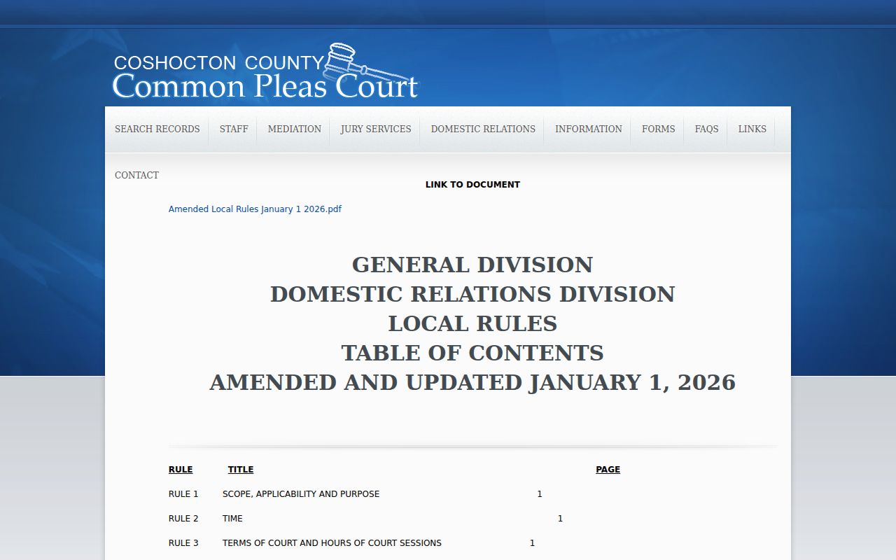 Coshocton County court dates and Common Pleas local rules page