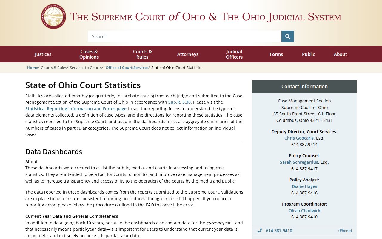 Coshocton County court calendar and Ohio court statistics dashboard