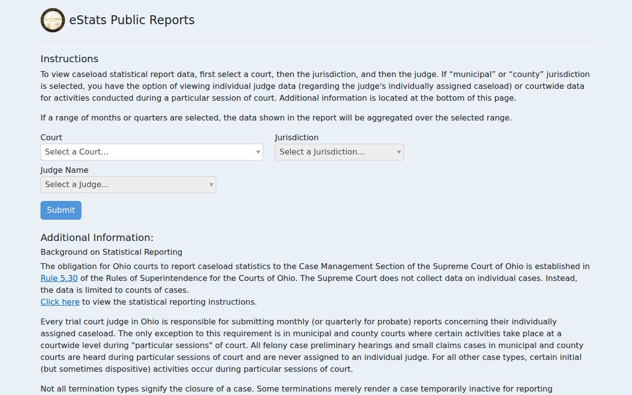 Coshocton County court calendar and Ohio eStats public reports interface