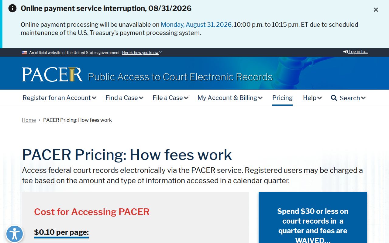 Coshocton County court records reference to PACER pricing