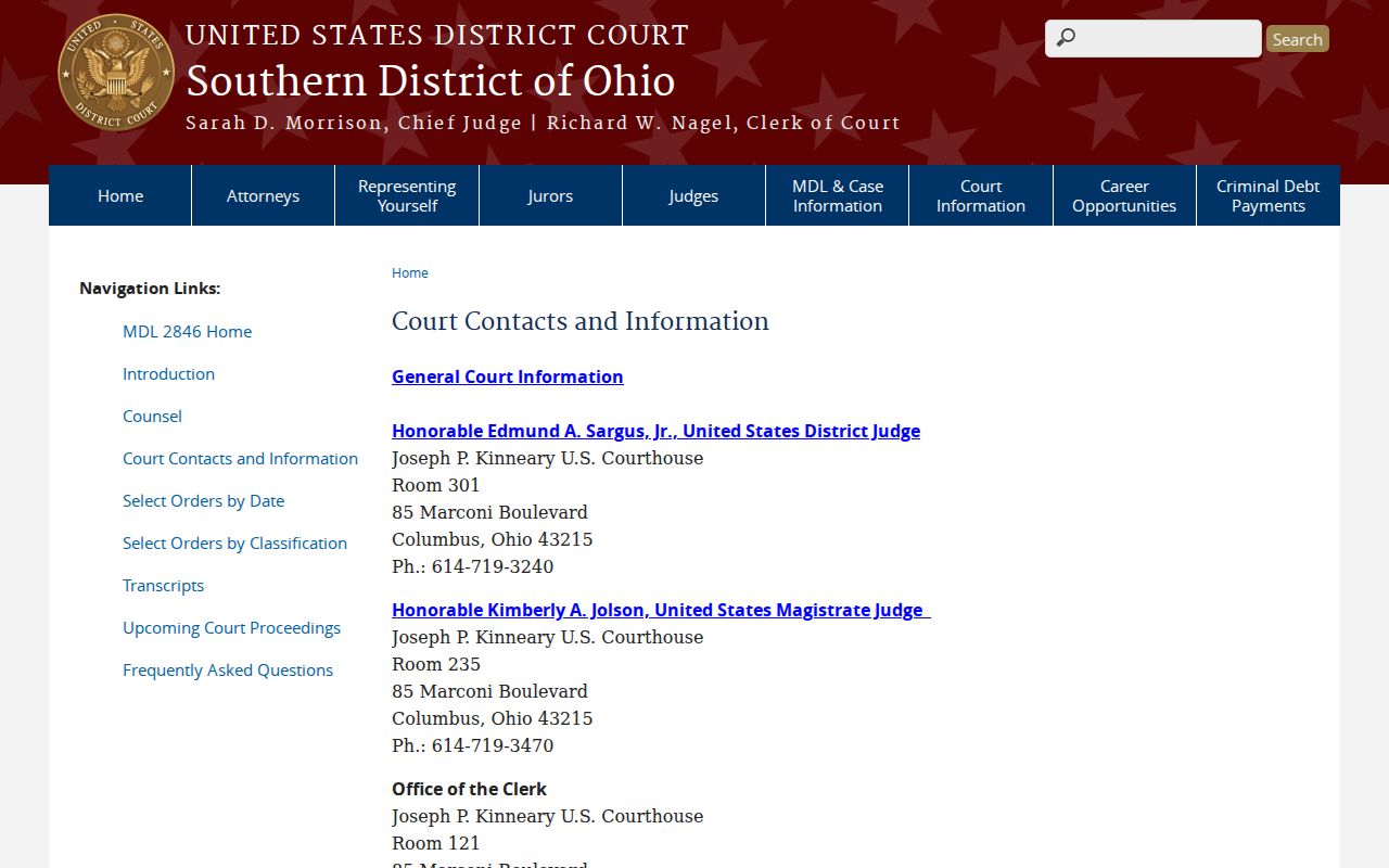 Coshocton County court records reference to Southern District court contacts