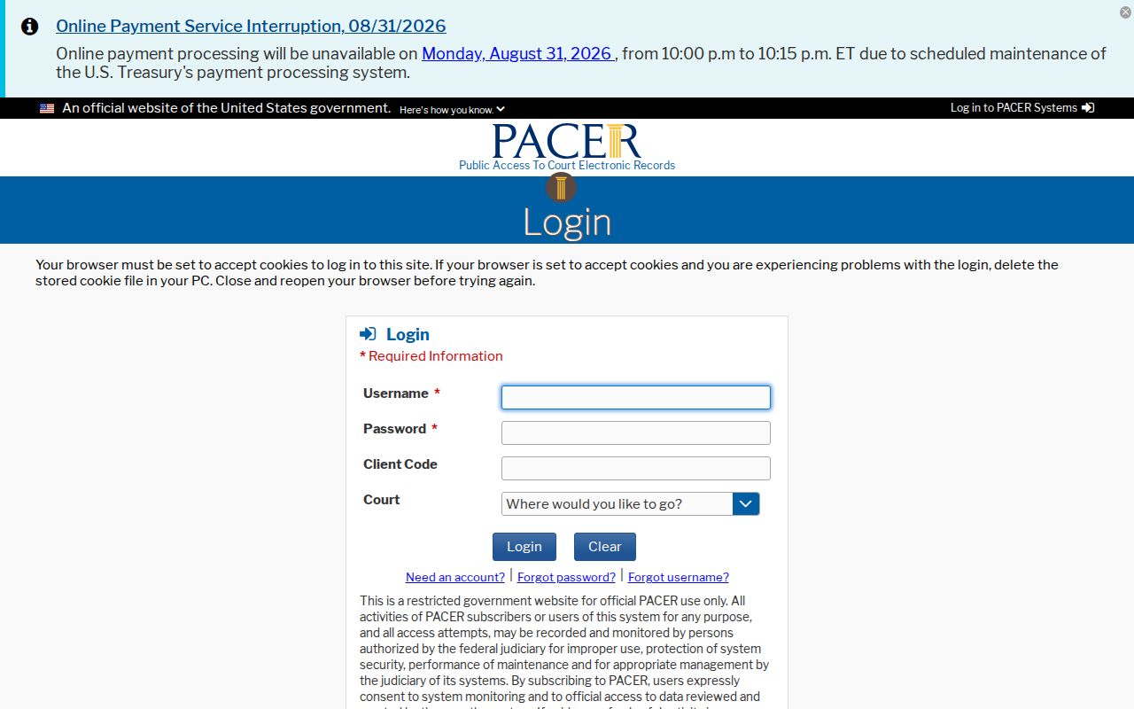 Coshocton County court records reference to the federal PACER entry