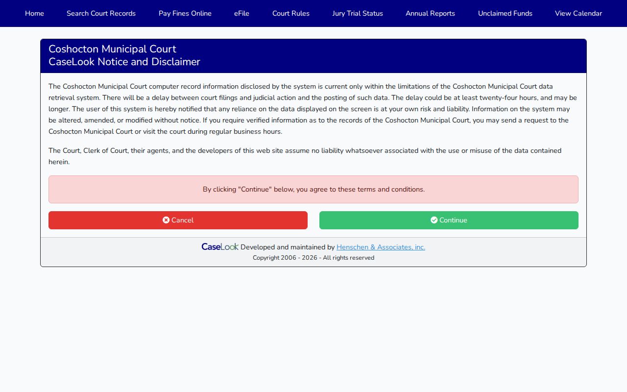 Coshocton County traffic court records Municipal CaseLook search gateway