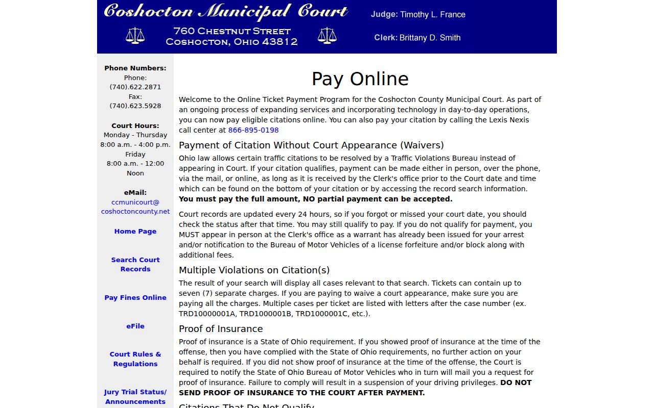 Coshocton County traffic court records reference to Municipal Court payment instructions